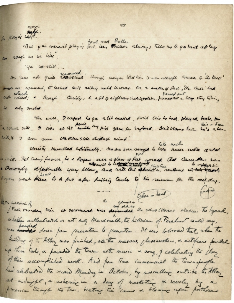 Additions by Arthur Waugh to the manuscript of The Loom of Youth (book 3, chapter 2) describing the history of the Pack Monday Fair.
