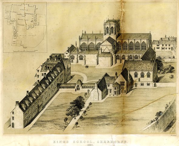 Original design for School House, including a covered walk way joining School House with the studies, that was never built.