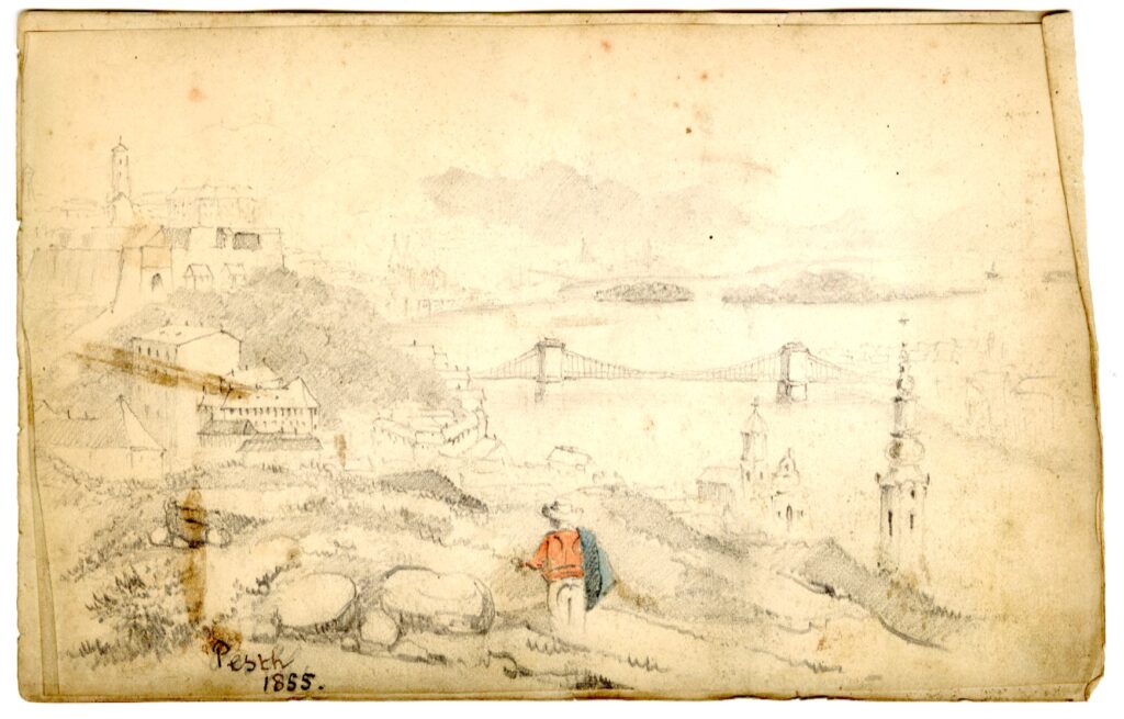 Watercolour sketch of Pest, Hungary, by A.C. Clapin, 1855