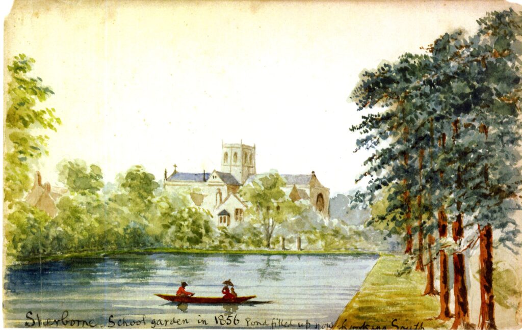 Watercolour sketch of the Headmaster's garden, Sherborne School (formerly the abbot's fishpond), by A.C. Clapin, 1854