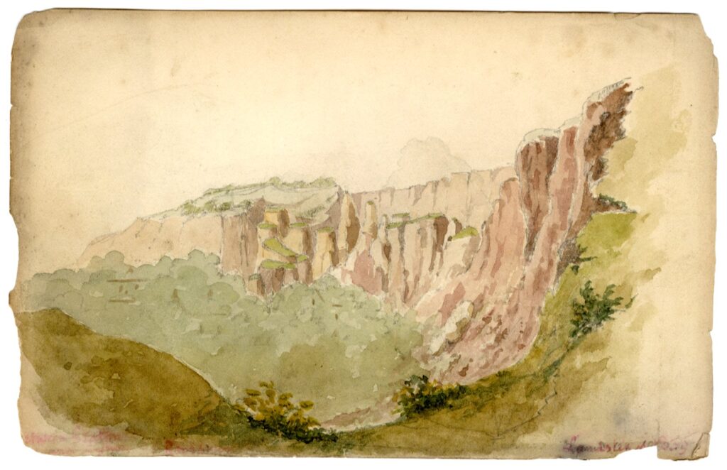 Watercolour sketch of a Landslide at query, by A.C. Clapin, 1859