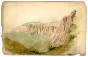 Watercolour sketch of a Landslide at query, by A.C. Clapin, 1859