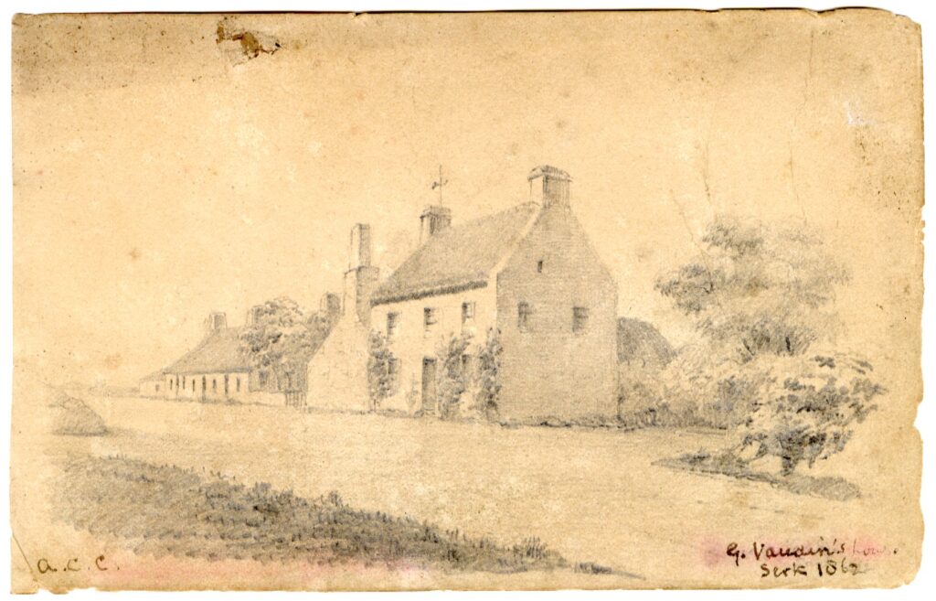 Watercolour sketch of George Vaudin’s house at La Vaurocque, Sark, Channel Islands, by A.C. Clapin, 1862