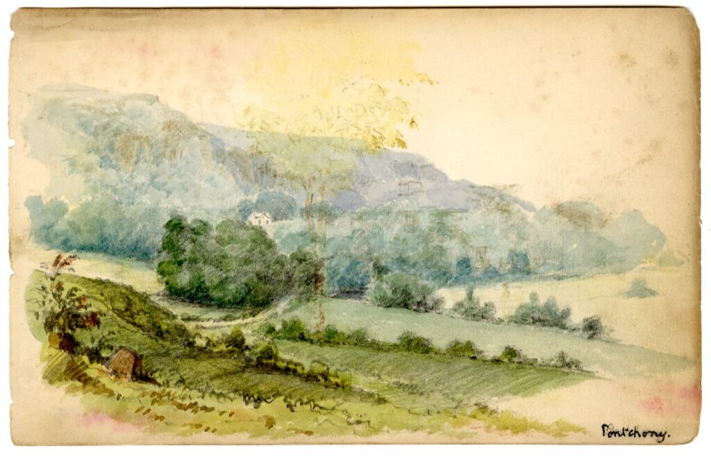 Watercolour sketch of Pontchony by A.C. Clapin