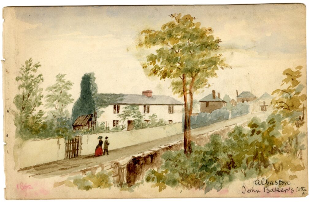 Watercolour sketch of John Baker’s cottage, Albaston, Cornwall, by A.C. Clapin,1862