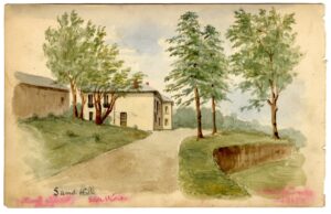 Watercolour sketch of Sand Hill, side view, Calstock, Devon, by A.C. Clapin, 1862