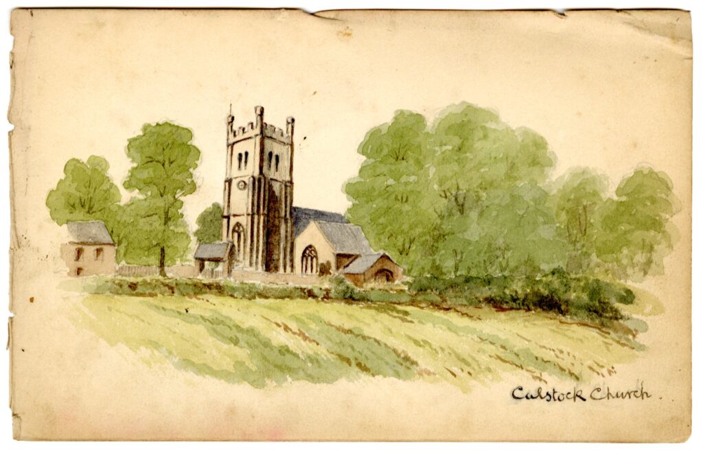 Watercolour sketch of Calstock church, Devon, by A.C. Clapin, 1862