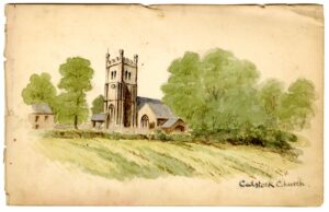 Watercolour sketch of Calstock church, Devon, by A.C. Clapin, 1862