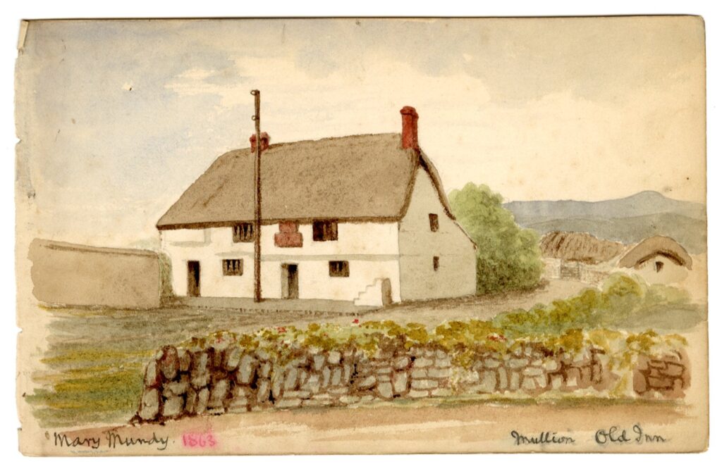Watercolour sketch of the Old Inn (Mary Munday) at Mullion, Cornwall, by A.C. Clapin, 1863
