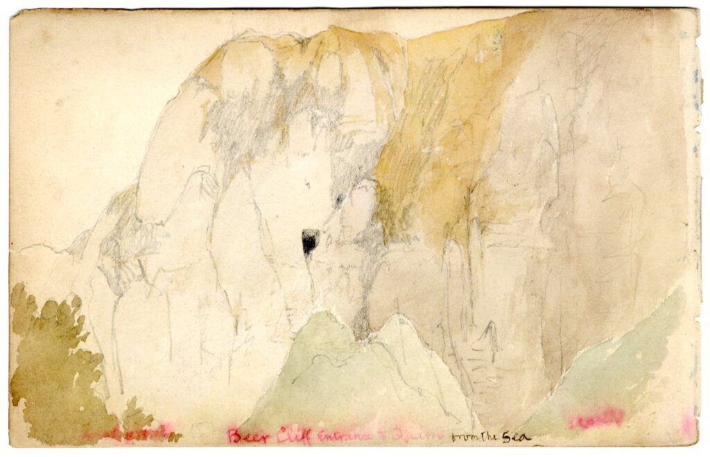 Watercolour sketch of Beer Cliff entrance & quarry from sea, East Devon, by A.C. Clapin, 1864