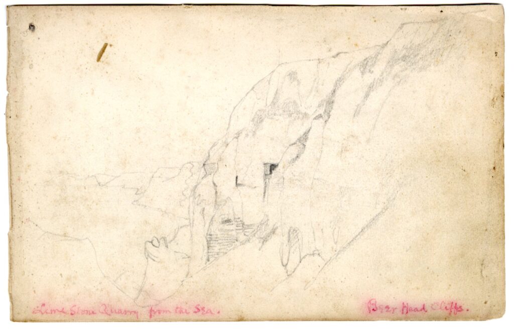 Pencil sketch of the Limestone quarry from sea, Beer Head Cliffs, East Devon, by A.C. Clapin