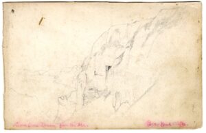 Pencil sketch of the Limestone quarry from sea, Beer Head Cliffs, East Devon, by A.C. Clapin