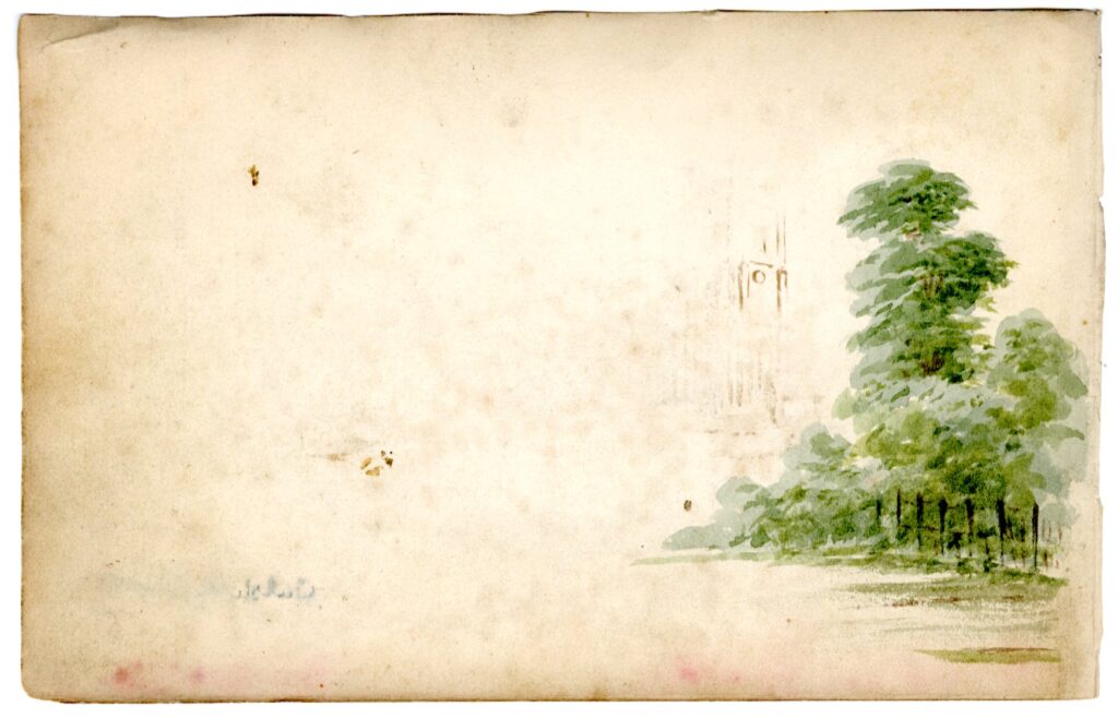 Sketch of a church and trees, by A.C. Clapin