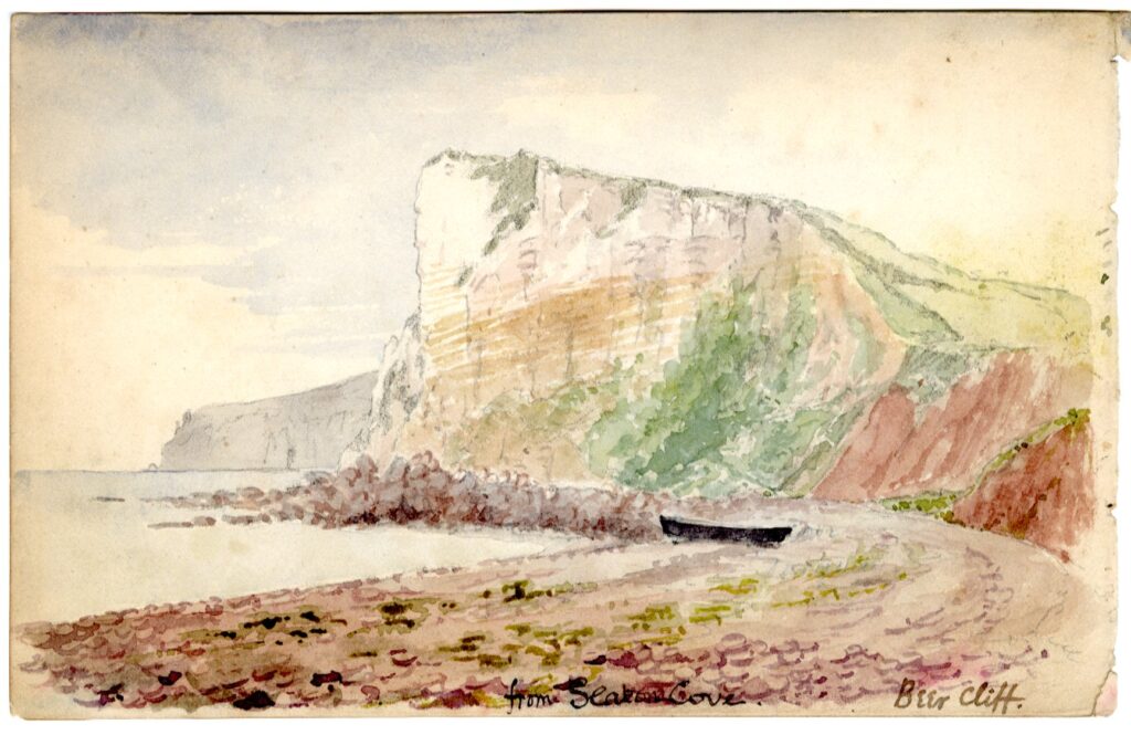 Watercolour sketch of the view from Seaton Cove, Beer Cliff, Beer, East Devon, y A.C. Clapin