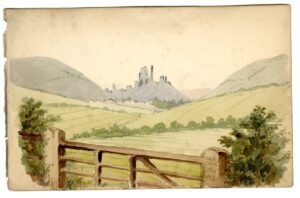 Watercolour sketch of Corfe Castle, Dorset, by A.C. Clapin, 1864