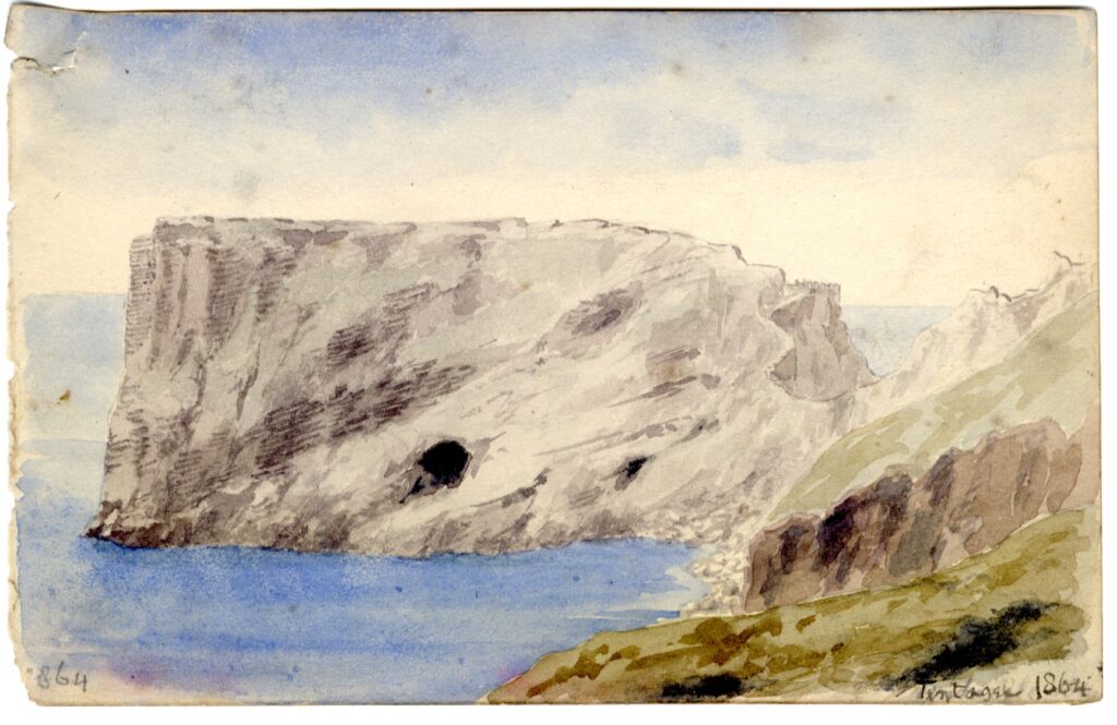 Watercolour sketch of Tintagel, Cornwall, by A.C. Clapin, 1864