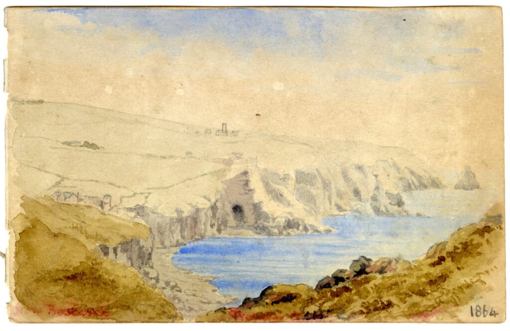 Watercolour sketch of the view from Boscastle, Cornwall, by A.C. Clapin, 1864