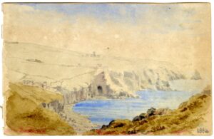 Watercolour sketch of the view from Boscastle, Cornwall, by A.C. Clapin, 1864