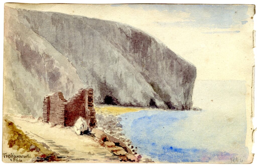 Watercolour sketch of Trebarworth [possibly Trebarwith Strand, Cornwall], by A.C. Clapin, 1864