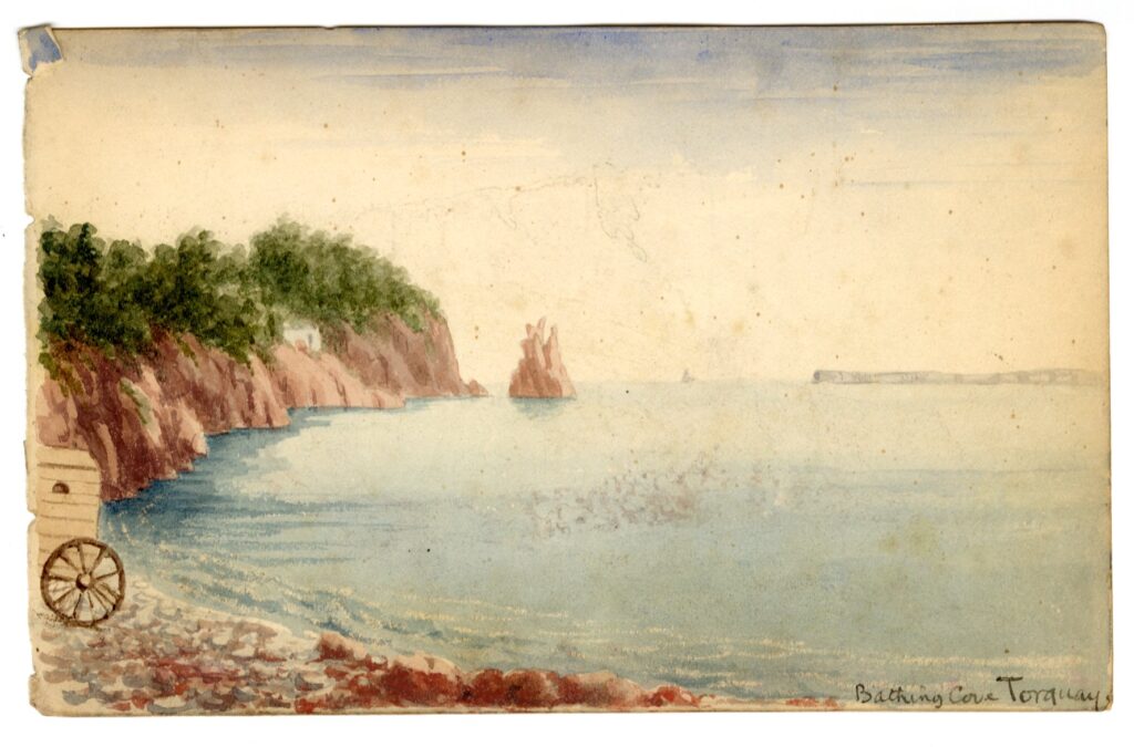 Watercolour sketch of Torquay bathing place, South Devon, by A.C. Clapin, 1864