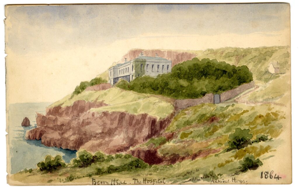 Watercolour sketch ofThe Hospital (Admiral Hogg), Berry Head, Brixham, South Devon, by A.C. Clapin, 1864