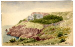 Watercolour sketch ofThe Hospital (Admiral Hogg), Berry Head, Brixham, South Devon, by A.C. Clapin, 1864
