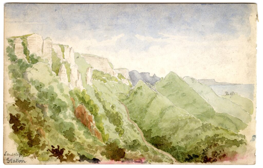 Watercolour sketch of a landslip at Seaton, by A.C. Clapin, 1864