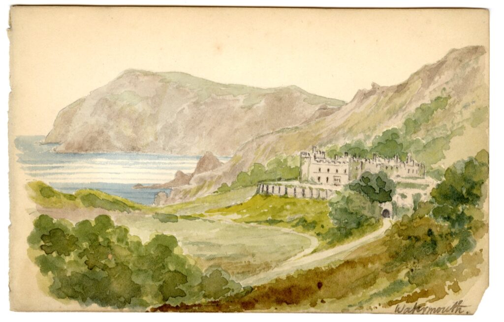 Watercolour sketch of Castle Watermouth, Devon, by A.C. Clapin, c.1864