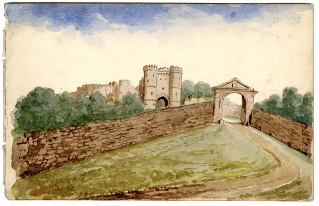 Watercolour sketch of Carisbrooke Castle, Isle of Wight, by A.C. Clapin, 1865